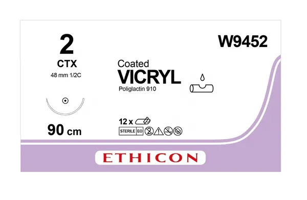 Шовний матеріал хірургічний Vicryl Coated 2, що розсмоктується, довжина 90 см, голка колюча 48 мм, 1/2 кола W9452