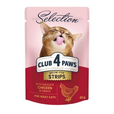 Корм влажный для взрослых кошек Club 4 Paws Selection Премиум с полосками курицы в соусе, 85 г