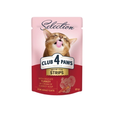 Корм влажный для взрослых кошек Club 4 Paws Selection Премиум с полосками индейки в крем супе из моркови, 85 г