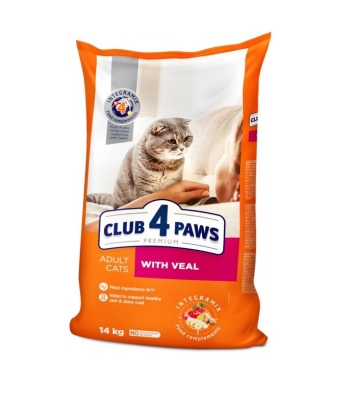 Корм сухой Club 4 Paws для взрослых кошек с Телятиной Премиум, 14 кг