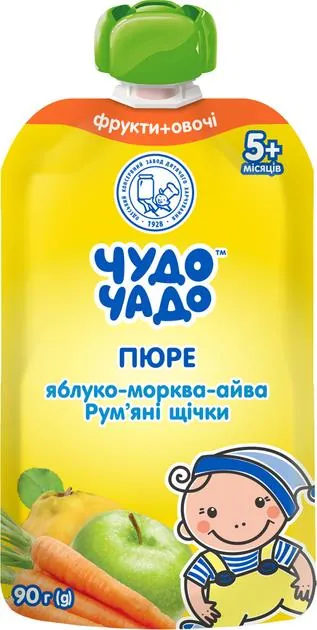 Пюре фруктово-овочеве Чудо-Чадо Яблуко-морква-айва з цукром Рум'яні щічки, 90 г