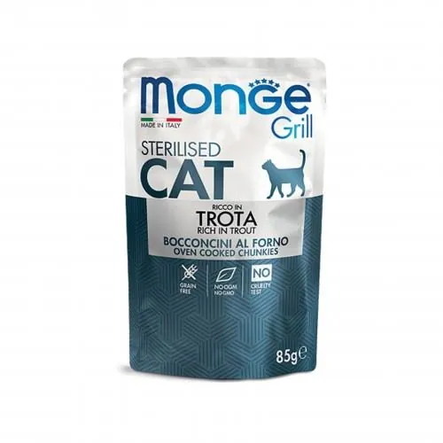 Корм вологий Monge Cat Grill Sterilised для стерилізованих котів, форель (шматочки в желе), 85 г