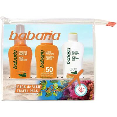 Набор Babaria Защита от солнца (Молочко солнцезащитное SPF50 100 мл + Лосьон после загара 100 мл + Средство для защиты волос 100 мл + косметичка)