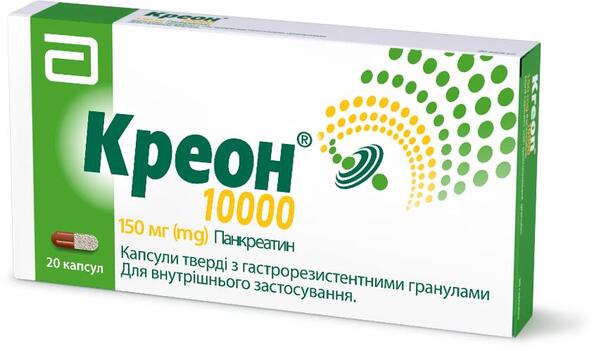 Креон 10000 капсулы тв. с гастрорезист. гран. по 150 мг №20 (10х2)