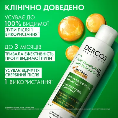 Шампунь Vichy Dercos посиленої дії проти лупи для сухого волосся та подразненої шкіри голови, 200 мл