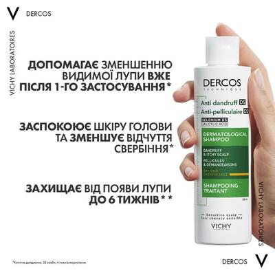 Шампунь Vichy Dercos усиленного действия против перхоти для сухих волос и раздраженной кожи головы, 200 мл