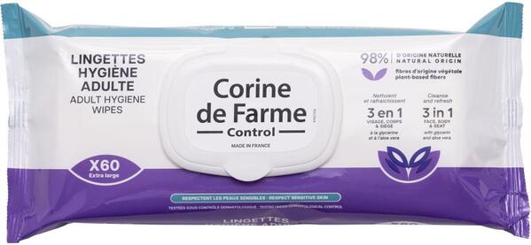 Серветки вологі Corine de Farme гігієнічні для обличчя та тіла для дорослих, 60 шт