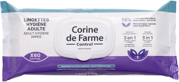 Серветки вологі Corine de Farme гігієнічні для обличчя та тіла для дорослих, 60 шт