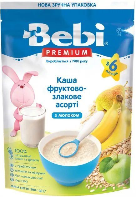 Каша молочна Bebi Premium Фруктово-злакове асорті, з 6 місяців, 200 г