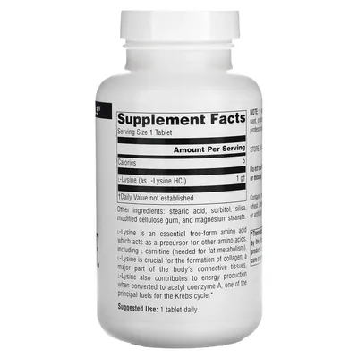 Лізин Source Naturals L-Lysine 1000 мг, 100 таблеток