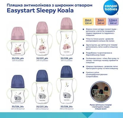 Пляшечка Canpol Babies EasyStart Sleepy Koala 35/237_pin антиколікова з широким отвором, рожева, 240 мл