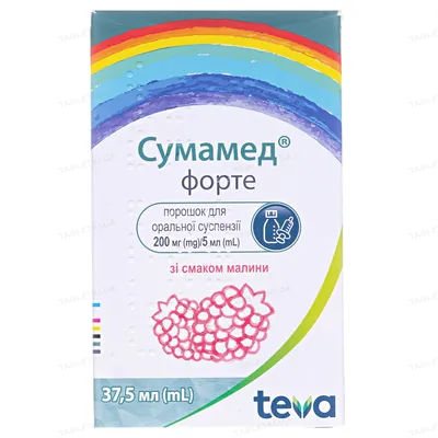 Сумамед форте порошок д/ор. сусп. зі смак. малин. 200 мг/5 мл (1500 мг) по 37.5 мл у флак.