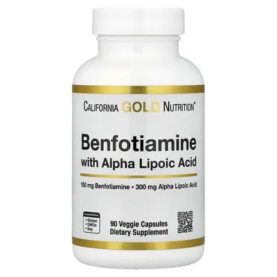Бенфотіамін та альфа-ліпоєва кислота California Gold Nutrition Benfotiamine + Alpha Lipoic Acid, 90 вегетаріанських капсул
