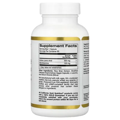 Бенфотіамін та альфа-ліпоєва кислота California Gold Nutrition Benfotiamine + Alpha Lipoic Acid, 90 вегетаріанських капсул