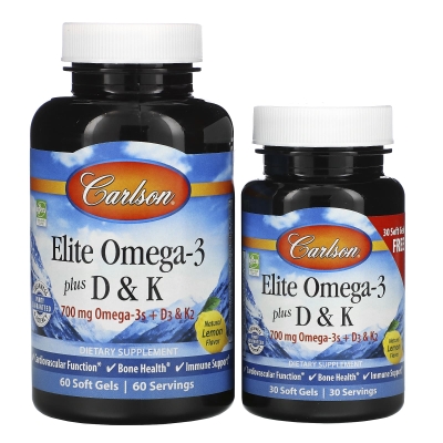 Омега-3 с витаминами D и K Carlson Labs Elite Omega-3 + D&K 700 мг, лимон, 60+30 гелевых капсул