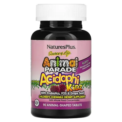 Пробіотики і пребіотики Natures Plus Animal Parade AcidophiKidz Children’s Chewables, 90 жувальних таблеток ягоди