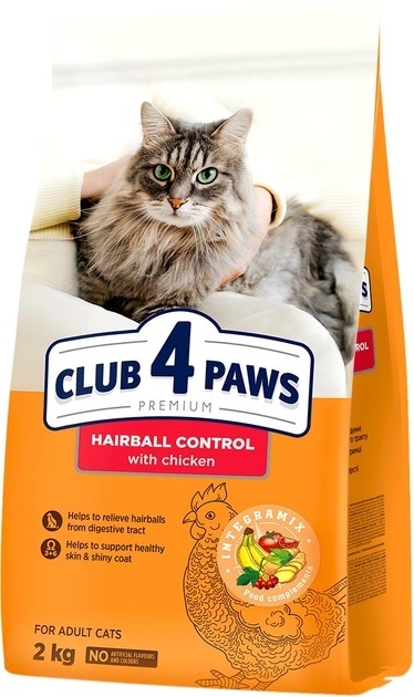 Корм сухой Club 4 Paws для взрослых кошек, контроль выведение шерсти Премиум, 2 кг