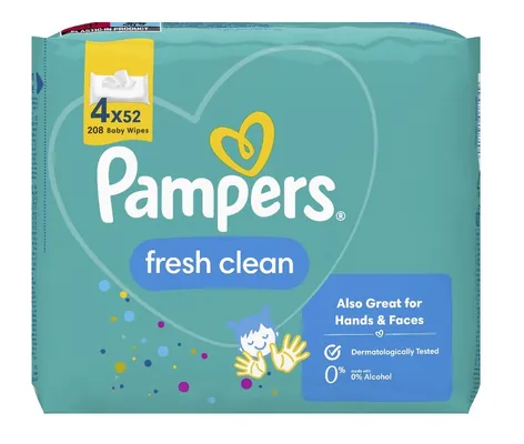 Серветки вологі Pampers Fresh Clean дитячі, 208 шт (4 х 52 шт)