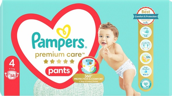 Подгузники-трусики Pampers Premium Care Pants детские размер 4, 9-15 кг, 58 шт