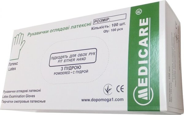 Перчатки смотровые Medicare латексные с пудрой нестерильные, размер M, 100 штук