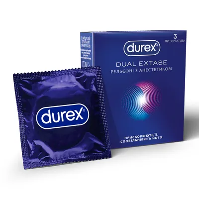 Презервативи латексні Durex Dual Extase рельєфні з анестетиком, 3 штуки