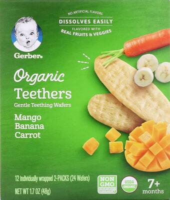 Вафли Gerber Organic для прорезывания зубов с 7 месяцев, манго, банан, морковь, 48 г