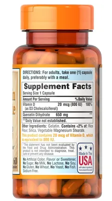 Кверцетин з Вітаміном Д3 Puritan's Pride Quercetin Dihydrate 650 мг with Vitamin D3 800 IU, 60 капсул