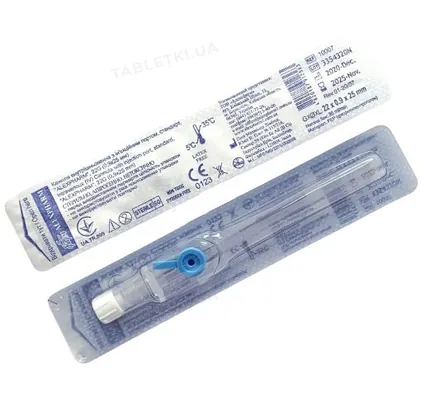Канюля внутрішньовенна Alexpharm з ін'єкційним портом, 22G (0,9 х 25 мм), блакитна, 1 штука