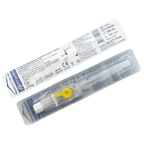 Канюля внутрішньовенна Alexpharm з ін'єкційним портом, 24G (0,7 х 19 мм), жовта, 1 штука