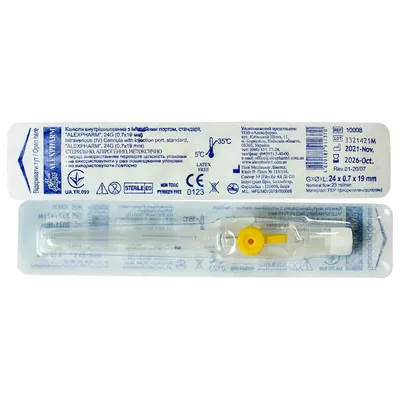 Канюля внутрішньовенна Alexpharm з ін'єкційним портом, 24G (0,7 х 19 мм), жовта, 1 штука
