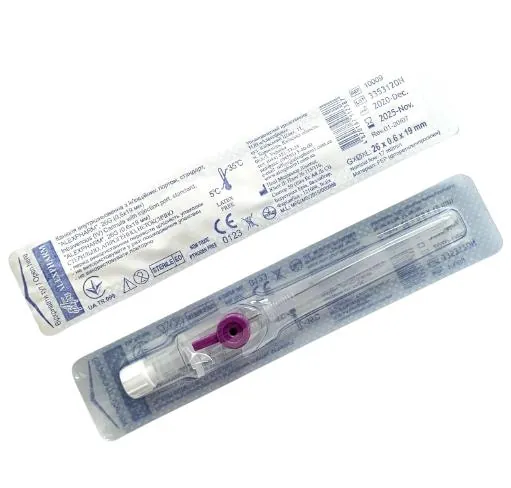 Канюля внутрішньовенна Alexpharm з ін'єкційним портом, 26G (0,6 х 19 мм), фіолетова, 1 штука