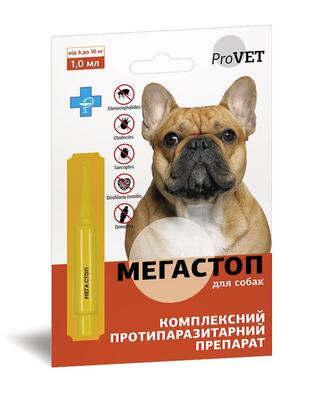 Капли ProVet МегаСтоп от блох, клещей и глистов для собак весом от 4 до 10 кг, 1 пипетка по 1 мл