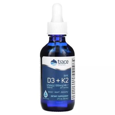 Витамины D3 и K2 ионизированные Trace Minerals Ionic D3+K2 в каплях, 59 мл