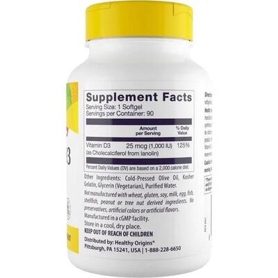 Витамин Д3 Healthy Origins Vitamin D3 1000 МЕ, 90 капсул