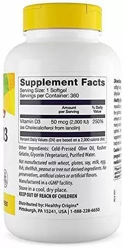 Витамин Д3 Healthy Origins Vitamin D3 2000 МЕ, 360 капсул