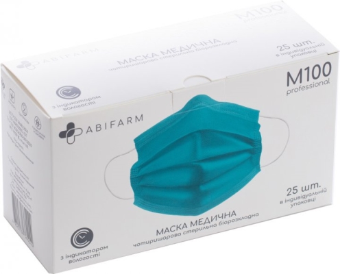 Маска защитная Abifarm M100 с индикатором влажности, 4-слойная, стерильная, 25 штук