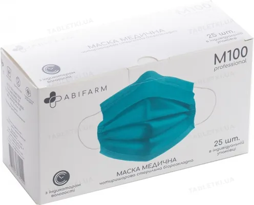 Маска захисна Abifarm M100 з індикатором вологості, 4-шарова, стерильна, 25 штук