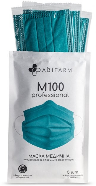 Маска защитная Abifarm M100 с индикатором влажности, 4-слойная, стерильная, 5 штук
