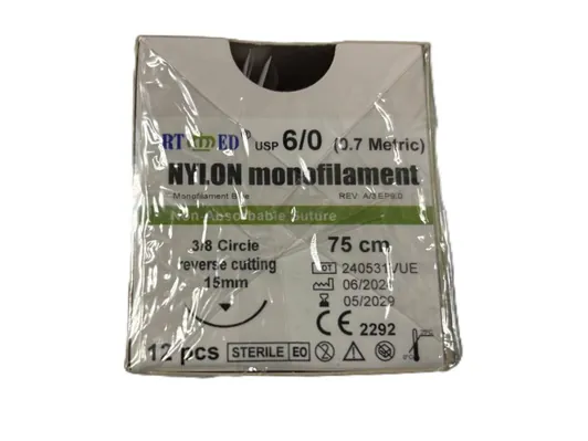 Шовний матеріал хірургічний Nylon Monofilament USP 6/0 (ЕР 0.7), нерозсмоктуючий довжина 75 см, зворотньо-ріжуча голка 12 мм, 3/8 кола