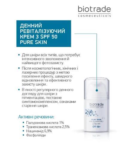 Крем для лица Biotrade Pure Skin SPF50 дневной с гиалуроновой кислотой против возрастных изменений и для ревитализации кожи, 50 мл