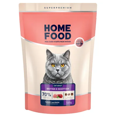 Корм сухий для дорослих котів британської та шотландської породи Home Food Індичка і качка, 1,6 кг