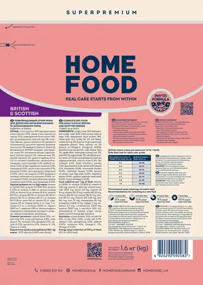 Корм сухий для дорослих котів британської та шотландської породи Home Food Індичка і качка, 1,6 кг