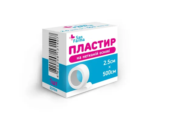 Пластир медичний San Farma на нетканій основі 2,5 см х 500 см, рулон, 1 штука