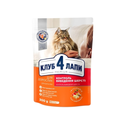 Корм сухой Club 4 Paws для взрослых кошек, контроль выведение шерсти Премиум, 300 г