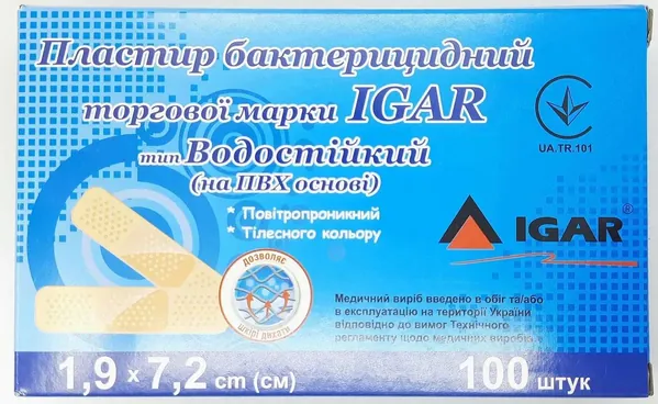 Пластир бактерицидний IGAR Водостійкий на полімерній основі (ПВХ) 1,9 см х 7,2 см, 100 штук