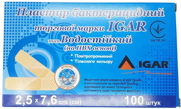 Пластир бактерицидний IGAR Водостійкий на полімерній основі (ПВХ) 2,5 см х 7,6 см, 100 штук