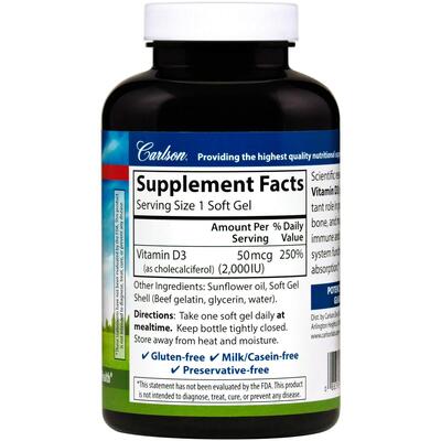 Витамин Д3 Carlson Labs Vitamin D3 2000 МЕ (50 мкг), 360 гелевых капсул