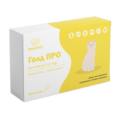 Голд ПРО DRUG4PETS капли от блох, клещей и глистов для кошек весом до 4 кг, 1 пипетка по 0,4 мл