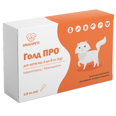 Голд ПРО DRUG4PETS капли от блох, клещей и глистов для кошек весом 4-8 кг, 1 пипетка по 0,8 мл