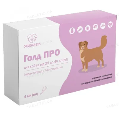 Голд ПРО DRUG4PETS краплі від бліх, кліщів та глистів для собак вагою 25-40 кг, 1 піпетка по 4 мл